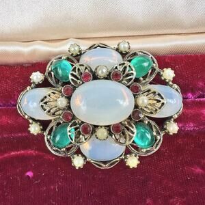 Vintage Emmons Brooch Opalite Cluster Cab Gold Tone Faux Pearl Rhinestone